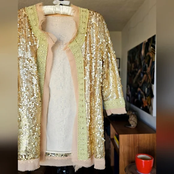 RARE Gold Sequin Jacket Women's O/S Festival Bohemian Statement - Picture 2 of 8